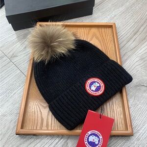 Canada Goose Black Knit Hat with Brown Pom